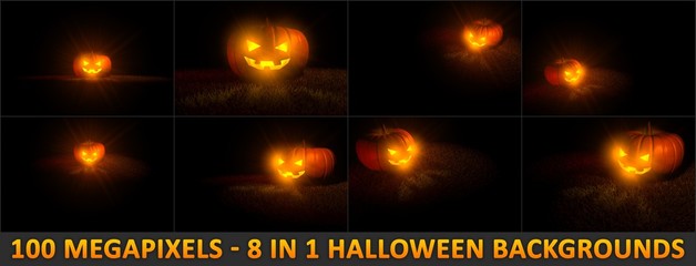 8 highly detailed backgrounds for Halloween with carved pumpkin - jack-o-lantern with fire light inside, 100 megapixels 3D illustration of object