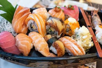 Sushi on the plate, japanese food.