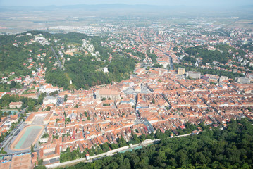 Brasov city, Romania. Bird's eye view on old city center