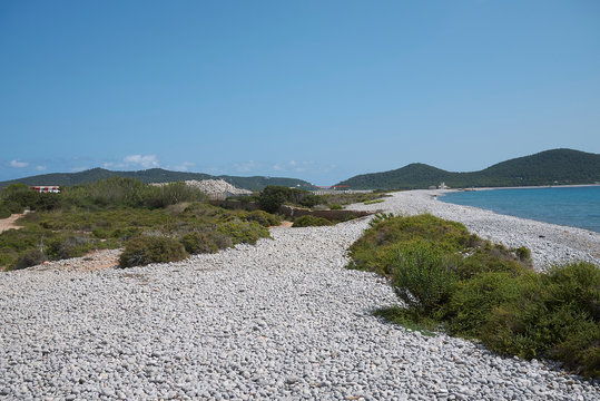 Ibiza, Spain - September 03, 2019  : View of Es Codols beach