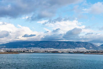 Overview of the port and the city of Athens, Greece