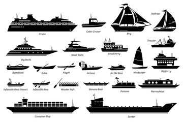 List of different type of water transportation, ships, and boats icon set. Artwork of cruise, brig, sailboat, yacht ferry, trawler, speedboat, jet ski, windsurfer, pontoon, container ship, and tanker.