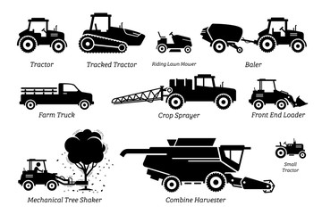 List of agriculture farming vehicles, tractors, trucks, and machines. Illustrations depict tractor, lawn mower, baler, farm truck, crop sprayer, front end loader, tree shaker, and combine harvester.
