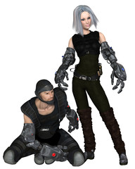 Naklejka premium Science fiction illustration of future male and female soldiers with cyber arms waiting to attack, 3d digitally rendered illustration