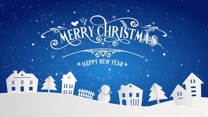 Merry Christmas and Happy New Year of snowy home town with typography font message. Blue Paper art and digital craft Illustration celebrate invitation wallpaper card. Holiday winter. 4K footage video