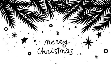 Merry Christmas background. Hand drawn fir branches for xmas holiday design
