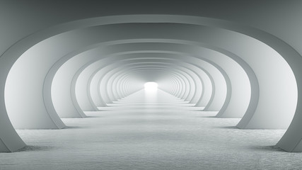 Abstract illuminated empty white corridor with round arches, bright light and shadows. Concept for art, interior design and futuristic background 3D rendering. Clean indoor architectural illustration