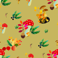 Autumn vector seamless pattern with berries, acorns, pine cone, mushrooms, branches and leaves.
