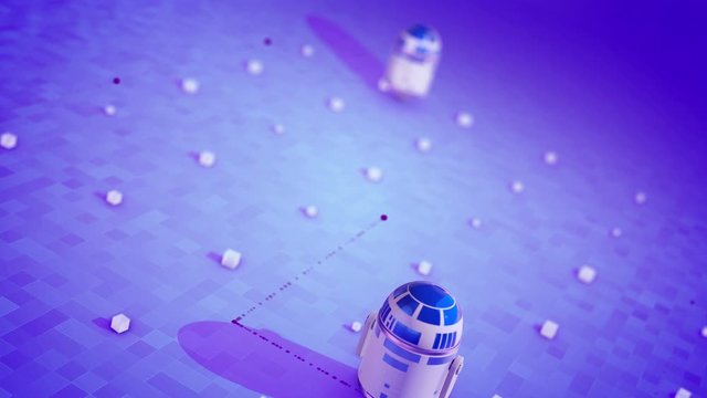 Droids making traces  on a floor. 3d rendering. Seamless loop. Future concept.