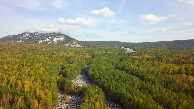 Taganay National Park in Russia in Autumn. Aerial View of "Big Stone River", Biggest Deposit Occurrence of Aventurine Quartz
