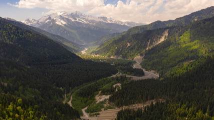 Racha is one of the mountain regions of Georgia. The valley of the river Rioni, near the village of Shovi. Caucasus Mountains. Spring 2019