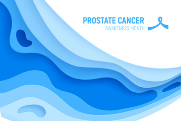 Prostate cancer awareness month paper cut concept. Paper art blue ribbon - November health care symbol. International health campaign for man. Craft vector illustration