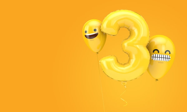 Number 3 birthday ballloon with emoji faces balloons. 3D Render