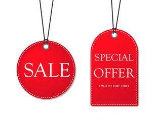 Hang tag sale, discount offer, for shop.Hanging offer price label, promo card, special sale banner for retail. Paper sell tag icon.Red ribbon, discount coupon, promotion badge. vector isolated