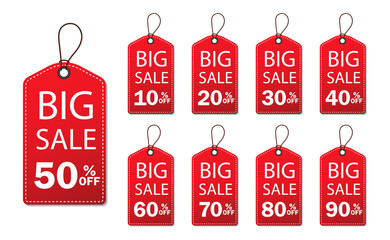 Discount sale off tag 50, 20, 10, 40, 30, 60, 70, 80, 90 percent.Set label sale offer, badge price promo number.Flat hang offer stamp, ribbon clearance sale. Hang tag big offer, red card. vector eps10