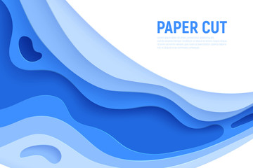 Blue paper cut banner with 3D slime abstract background and blue waves layers. Abstract layout design for brochure and flyer. Paper art vector illustration