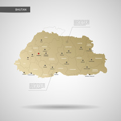 Stylized vector Bhutan map.  Infographic 3d gold map illustration with cities, borders, capital, administrative divisions and pointer marks, shadow; gradient background.