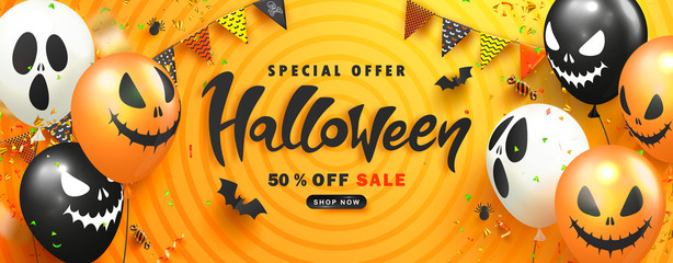 Halloween Sale Promotion Poster with scary balloons,paper bats,spiders, candy and flying serpentine.Vector illustration for website , posters, ads, coupons, promotional material,invitation, postcard.