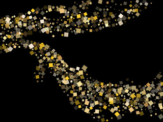 Glowing gold square confetti tinsels falling on black. Chic Christmas vector sequins background. Gold foil confetti party pieces isolated. Light dust pieces invitation backdrop.