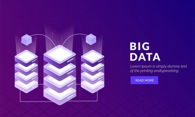 Big Data technology concept based web template design with isometric servers connected with each other on shiny blue background.