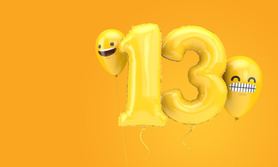 Number 13 birthday ballloon with emoji faces balloons. 3D Render