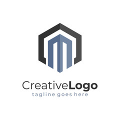 Hexagonal Architecture Building Letter M Logo Design Vector Illustration