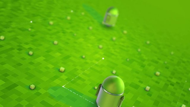 Moder droid(robot) moves and leaves traces on a floor. A green colored background. Artificial intelligence concept. Seamless loop. 