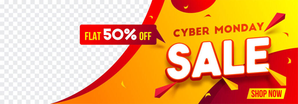 Website header or banner design with 50% discount offer for Cyber Monday Sale. Advertising banner with space for your product image.