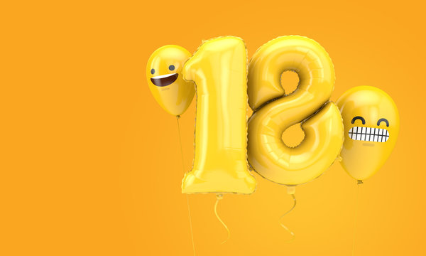 Number 18 birthday ballloon with emoji faces balloons. 3D Render