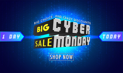 3D Creative Text Cyber Monday on blue circuit background. Big Sale advertising poster or banner design.