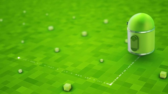 Artificial intelligence concept. Droid makes traces on a checkered floor and a green colored background. Seamless loop.