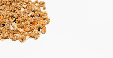 Granola with fruits and nuts. Baked muesli mix. Super food concept. Breakfast cereals. Kids diet. White isolation background.	