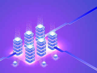 High speed data servers on glossy purple background, isometric design for data server technology concept.