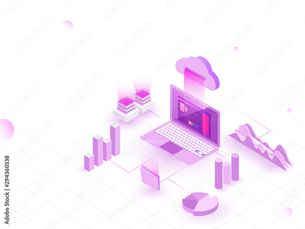 Canvas Prints isometric illustration of laptop connected to cloud with 3d bar graph and infographic elements, web 