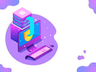 Isometric illustration of desktop with data server on abstract white background.