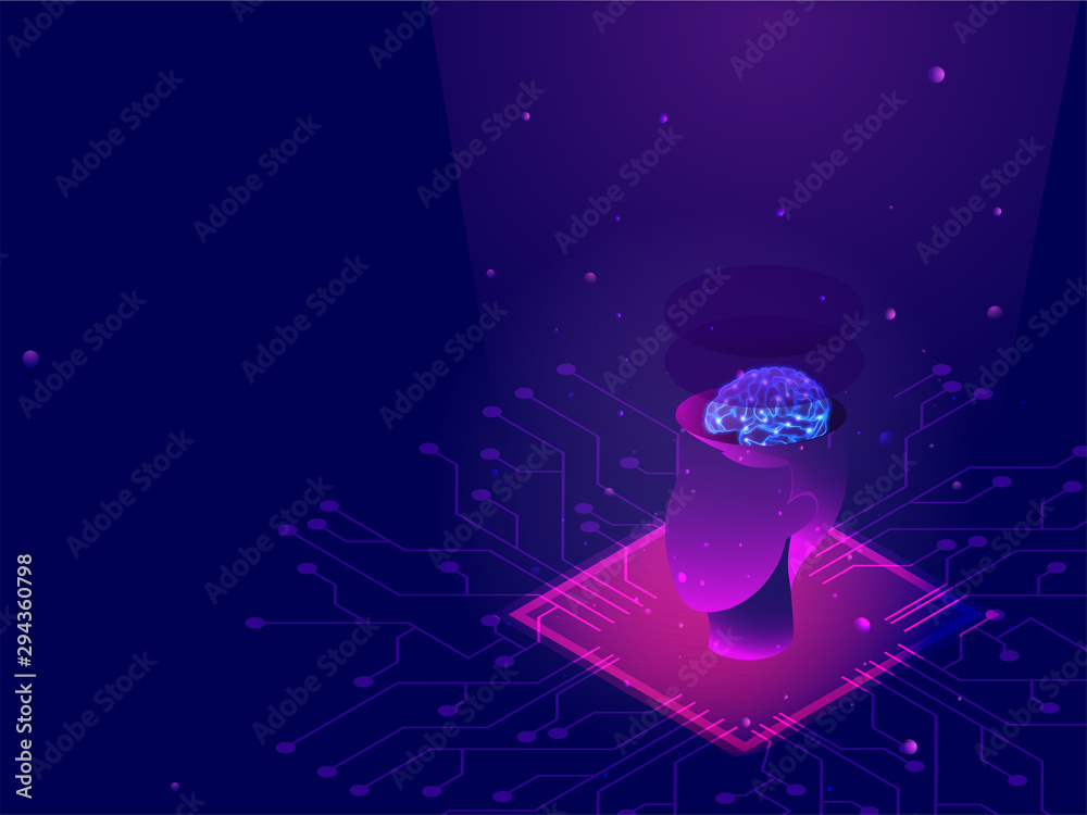 Wall mural deep learning concept, human face on processor chip between digital rays on blue background.