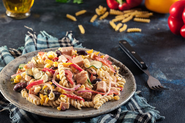 Fusilli pasta salad with smoked turkey