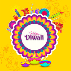 Floral sticker with firecrackers and illuminated colorful oil lamps (Diya) on yellow background for celebration of Indian festival Diwali.