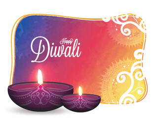 Greeting card design with illustration of illuminated oil lamps (Diya) on brush stroke, floral background for Happy Diwali celebration.