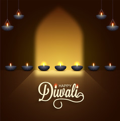 Indian Festival Diwali celebration background decorated with lit lamps. Can be used as greeting card design.