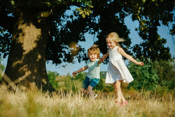 Fototapeta premium Children run on field. Happy children girl and boy running on meadow in summer in nature. Happy little farmers having fun on field. Cute toddler girl and boy working on farm outdoors.