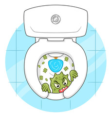 Cartoon funny microbe peek out from the toilet bowl