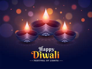 Happy Diwali poster or banner design with illuminated oil lamps on blurred lighting background.