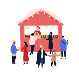 Christmas fair stall flat vector illustration. Winter season holidays festival. Children and adults buying pastry isolated design element. Baked cookies outdoor market kiosk on white background.