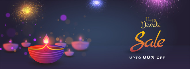 Happy Diwali sale up to 60% discount offer and illuminated oil lamp on blurred background. Website header or banner design for advertisement concept.