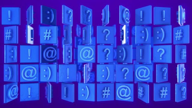 Boxes with Punctuation marks set on them are rotating in seamless loop. Claim, question, semicolon, etc. Blue color.