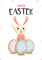 Illustration of cute little bunny with colourful easter eggs on white background for Happy Easter celebration greeting card design.