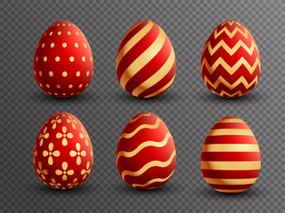 Set of various design of painted eggs in red and golden color.