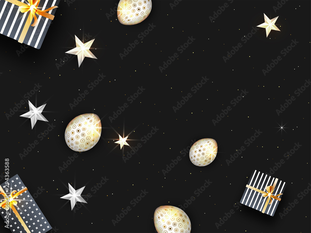 Poster Easter eggs, gift boxes and stars decorated black background can be used as poster or banner design.