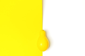 Butternut pumpkin background on vibrant yellow and white backdrop. Halloween, harvest and fall concept. Close-up.